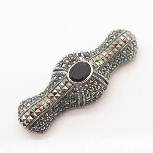 925 Sterling Silver Vintage Judith Jack Black Spinel & Marcasite Gem Pin Brooch - Picture 5 of 8
